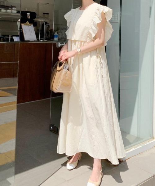 ABITOKYO(アビトーキョー)の「サイドリボンショルフリルベスト&キャミワンピース2点セット(ワンピース・レディース・イエロー/ベージュ/アイボリー・L/M/XL)」の2枚目の写真