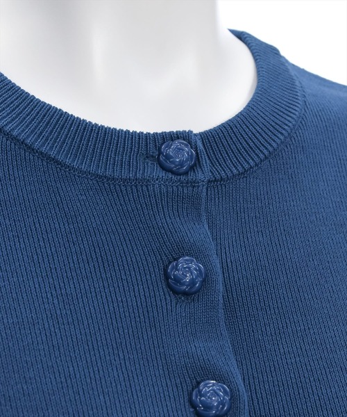 セール】バラボタン半袖ニットカーディガン［オフィスカジュアル 着