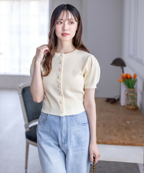 セール】バラボタン半袖ニットカーディガン［オフィスカジュアル 着