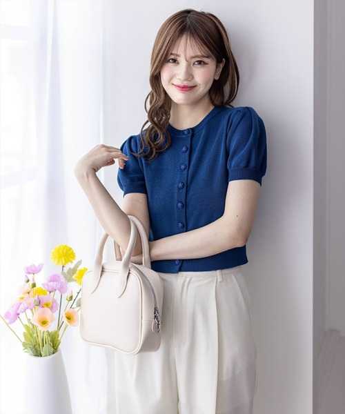 セール】バラボタン半袖ニットカーディガン［オフィスカジュアル 着