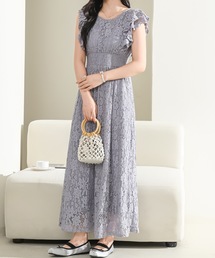 Lace Ladies 総レースVネックマーメイドパフスリーブワンピース パープ レースレディース Lace Ladies 総レース Vネック マーメイド