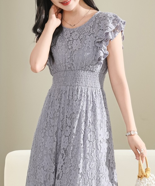 フリル花柄レースロングワンピース✨春夏デートにも可愛いリボン付き dfl24_1.jpg