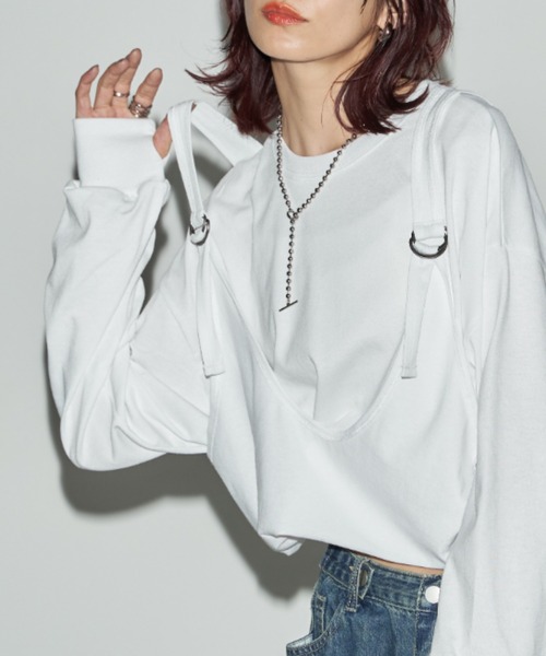 Auntie Rosa Holiday(アンティローザホリデー)の「フィンガーホールサスペンダーレイヤードロンTEE(Tシャツ/カットソー・レディース・オフホワイト/チャコールグレー・FREE)」の11枚目の写真