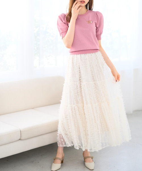 美品★MUVEIL 2024PF リボンチュールスカート　モカブラウン 美品☆MUVEIL 2024PF リボンチュールスカート モカブラウン