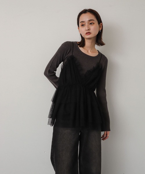 SENSE OF PLACE by URBAN RESEARCH（センスオブプレイスバイアーバンリサーチ）の「フリルチュールキャミチュニック（キャミソール・レディース・ブラック/チャコールグレー・ONE）」の4枚目の写真