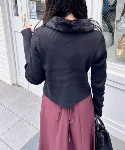 【美品】Rene フードニット黒　ショート丈カーディガン　ファー付ボレロ 美品】Rene フードニット黒 ショート丈カーディガン ファー付