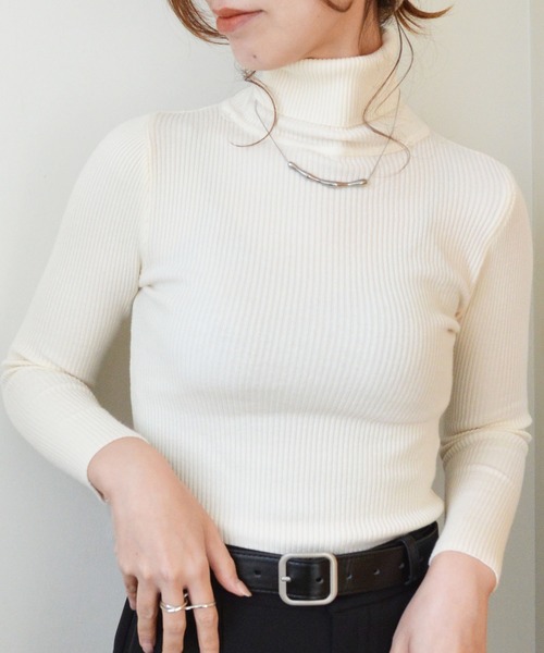 styiro(スタイロ)の「【13色展開・なめらか伸縮性あり】タートルハイネックリブニット(ニット/セーター・レディース・ブラウン/テラコッタ/レッド/ブラック/アイボリー/グレー/グリーン系その他/パープル/キャメル/ローズ/ライトブルー/グリーン/ネイビー/ローズ系/オレンジ・FREE)」の2枚目の写真