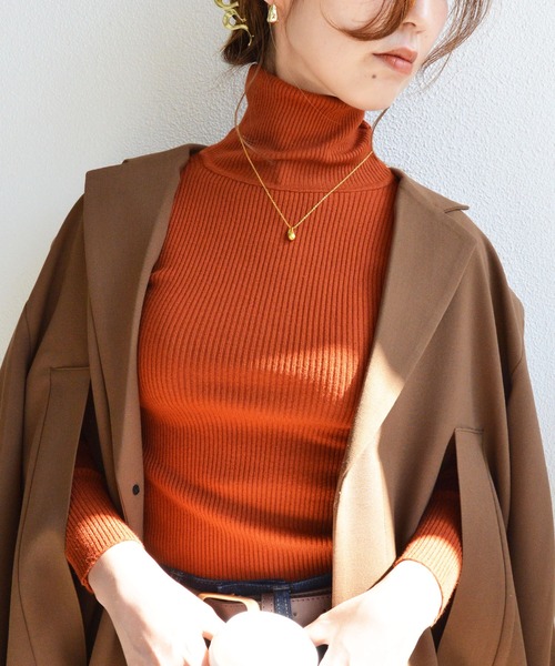 styiro(スタイロ)の「【13色展開・なめらか伸縮性あり】タートルハイネックリブニット(ニット/セーター・レディース・ブラウン/テラコッタ/レッド/ブラック/アイボリー/グレー/グリーン系その他/パープル/キャメル/ローズ/ライトブルー/グリーン/ネイビー/ローズ系/オレンジ・FREE)」の5枚目の写真