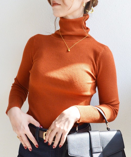 styiro(スタイロ)の「【13色展開・なめらか伸縮性あり】タートルハイネックリブニット(ニット/セーター・レディース・ブラウン/テラコッタ/レッド/ブラック/アイボリー/グレー/グリーン系その他/パープル/キャメル/ローズ/ライトブルー/グリーン/ネイビー/ローズ系/オレンジ・FREE)」の16枚目の写真