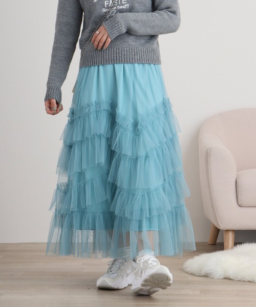 FUNALIVE（ファンアライブ）の「nohea　チュールラッフルティアードスカート（スカート・レディース・ミント/ダークグレー/ピンク/ブルー/ブラック・M）」の4枚目の写真