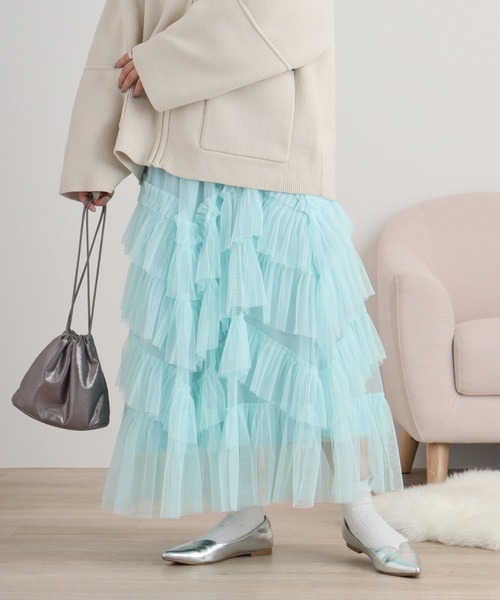 FUNALIVE（ファンアライブ）の「nohea　チュールラッフルティアードスカート（スカート・レディース・ミント/ダークグレー/ピンク/ブルー/ブラック・M）」の3枚目の写真