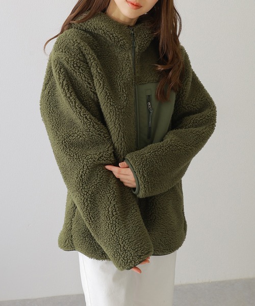 異素材 ポケット フード付き フリース ブルゾン（その他アウター