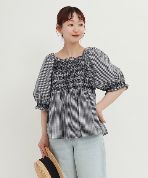 Dot＆Stripes CHILD WOMAN（ドットアンドストライプス　チャイルドウーマン）の「60sギンガム スモッキングブラウス（シャツ/ブラウス・レディース・ブラック/レッド・FREE）」の16枚目の写真