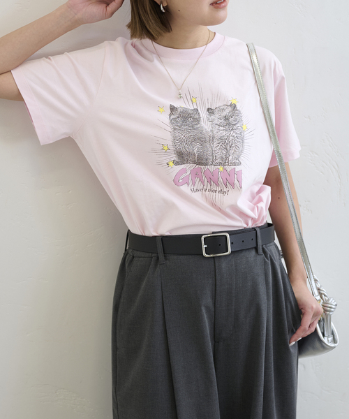 GANNI 猫イラスト Tシャツ ピンク GANNI / ガニー Basic Jersey Kittens Relaxed Tシャツ（Tシャツ