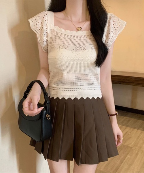 LETee(レティー)の「すかし編み&レース袖ニットプルオーバー(ニット/セーター・レディース・ブラック/ホワイト/ベージュ・FREE)」の1枚目の写真