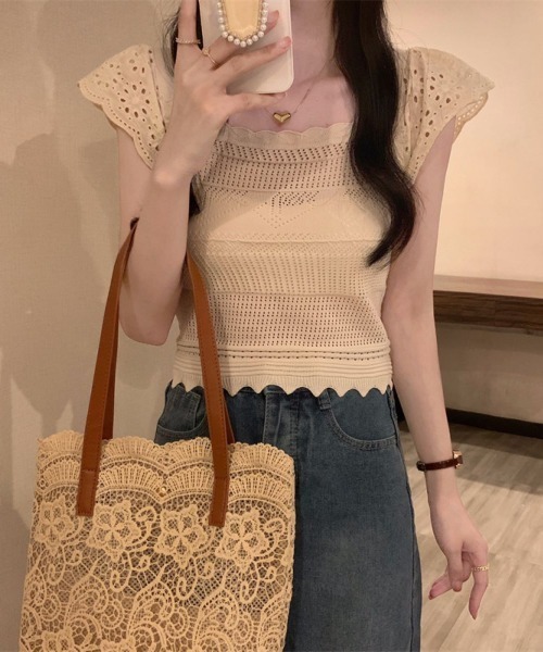 LETee(レティー)の「すかし編み&レース袖ニットプルオーバー(ニット/セーター・レディース・ブラック/ホワイト/ベージュ・FREE)」の6枚目の写真