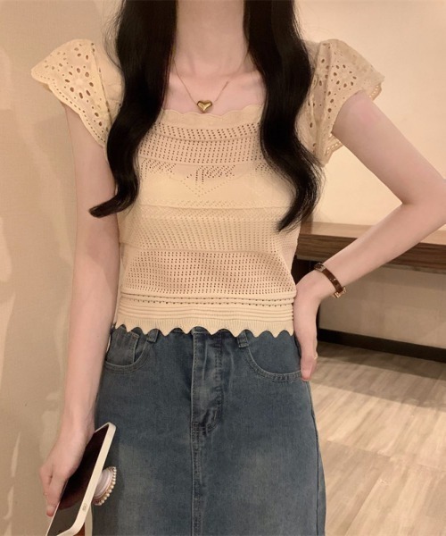LETee(レティー)の「すかし編み&レース袖ニットプルオーバー(ニット/セーター・レディース・ブラック/ホワイト/ベージュ・FREE)」の7枚目の写真