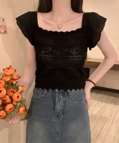 LETee(レティー)の「すかし編み&レース袖ニットプルオーバー(ニット/セーター・レディース・ブラック/ホワイト/ベージュ・FREE)」の8枚目の写真