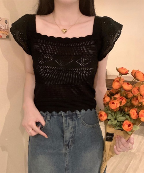 LETee(レティー)の「すかし編み&レース袖ニットプルオーバー(ニット/セーター・レディース・ブラック/ホワイト/ベージュ・FREE)」の9枚目の写真