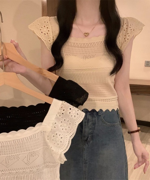 LETee(レティー)の「すかし編み&レース袖ニットプルオーバー(ニット/セーター・レディース・ブラック/ホワイト/ベージュ・FREE)」の10枚目の写真