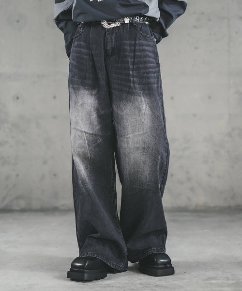 Shoowtime（ショウタイム）の「Vintage wash wide straight denim pants / ビンテージウォッシュワイドストレートデニムパンツ（デニムパンツ・メンズ・ライトブルー/ブルー/ブラック系/ネイビー・LARGE/MEDIUM/SMALL/X-LARGE）」の2枚目の写真
