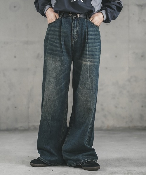 Shoowtime（ショウタイム）の「Vintage wash wide straight denim pants / ビンテージウォッシュワイドストレートデニムパンツ（デニムパンツ・メンズ・ライトブルー/ブルー/ブラック系/ネイビー・LARGE/MEDIUM/SMALL/X-LARGE）」の5枚目の写真