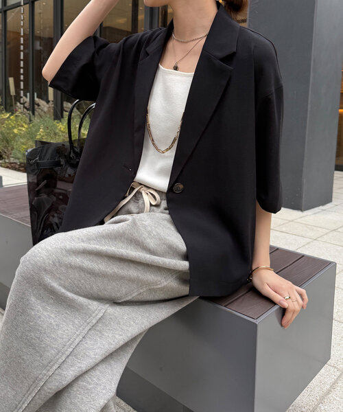 DouDou（ドゥドゥ）の「接触冷感5分袖ジャケット（テーラードジャケット・レディース・チャコールグレー/ベージュ/ブラック・FREE）」の4枚目の写真