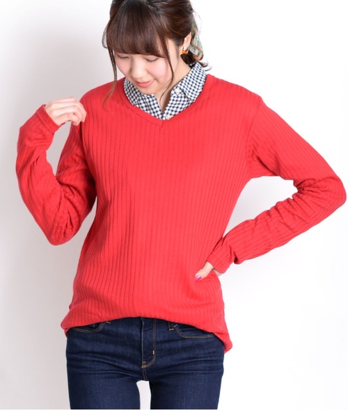 MARAI(マーライ)の「Vネック 長袖 カットソー Tシャツ 無地 ロングスリーブ(Tシャツ/カットソー・レディース・ワイン/ブラウン系/ネイビー系/チャコール/ブルー/グリーン/ホワイト/グレー/レッド/ネイビー/アクア/ピンク/ブラック・MEDIUM/X-LARGE/LARGE)」の12枚目の写真