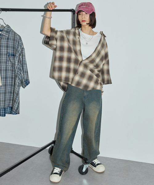 Anchor Smith（アンカー スミス）の「ヴィンテージ加工 ブリーチチェック半袖シャツ（シャツ/ブラウス・メンズ・ベージュ/ブラック/サックスブルー/レッド・M/L）」の10枚目の写真