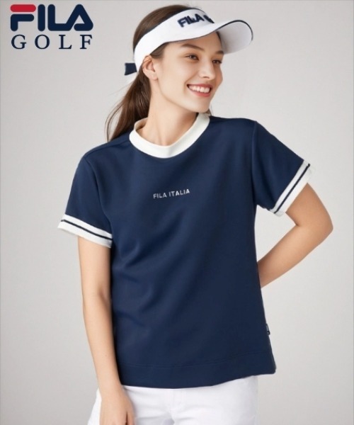 SMILE LAND(スマイルランド)の「FILA GOLF ライトダンボールニット半袖モックネックシャツ(接触冷感・UVカット)(Tシャツ/カットソー・レディース・ネイビー/ホワイト・6L/5L/4L/3L)」の2枚目の写真