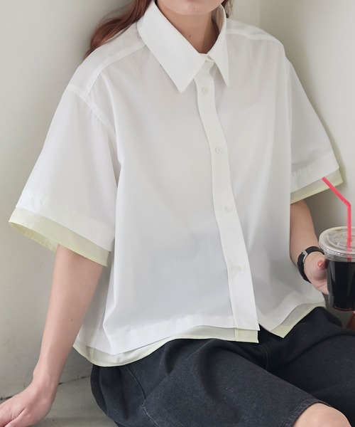 BONLECILL(ボンルシール)の「シアー配色半袖クロップドレギュラーカラー半袖シャツ(シャツ/ブラウス・レディース・ブルー/オフホワイト/ピンク/ネイビー・FREE)」の5枚目の写真