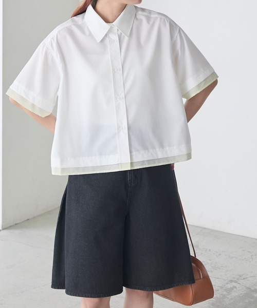 BONLECILL(ボンルシール)の「シアー配色半袖クロップドレギュラーカラー半袖シャツ(シャツ/ブラウス・レディース・ブルー/オフホワイト/ピンク/ネイビー・FREE)」の7枚目の写真