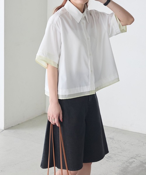 BONLECILL(ボンルシール)の「シアー配色半袖クロップドレギュラーカラー半袖シャツ(シャツ/ブラウス・レディース・ブルー/オフホワイト/ピンク/ネイビー・FREE)」の8枚目の写真