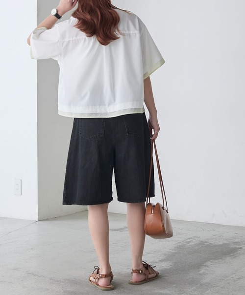 BONLECILL(ボンルシール)の「シアー配色半袖クロップドレギュラーカラー半袖シャツ(シャツ/ブラウス・レディース・ブルー/オフホワイト/ピンク/ネイビー・FREE)」の11枚目の写真