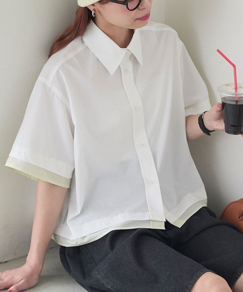 BONLECILL(ボンルシール)の「シアー配色半袖クロップドレギュラーカラー半袖シャツ(シャツ/ブラウス・レディース・ブルー/オフホワイト/ピンク/ネイビー・FREE)」の12枚目の写真