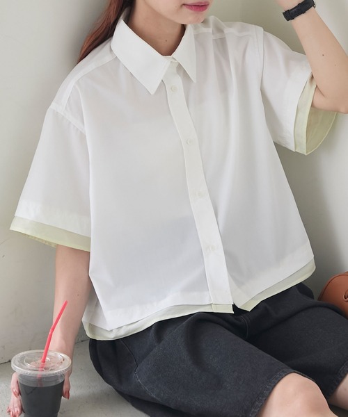 BONLECILL(ボンルシール)の「シアー配色半袖クロップドレギュラーカラー半袖シャツ(シャツ/ブラウス・レディース・ブルー/オフホワイト/ピンク/ネイビー・FREE)」の13枚目の写真
