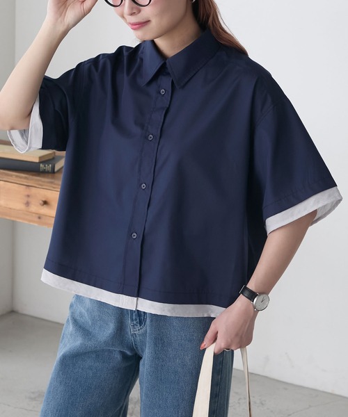 BONLECILL(ボンルシール)の「シアー配色半袖クロップドレギュラーカラー半袖シャツ(シャツ/ブラウス・レディース・ブルー/オフホワイト/ピンク/ネイビー・FREE)」の15枚目の写真