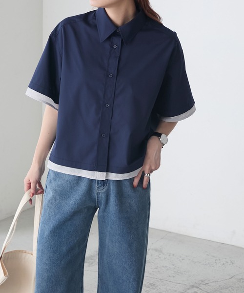 BONLECILL(ボンルシール)の「シアー配色半袖クロップドレギュラーカラー半袖シャツ(シャツ/ブラウス・レディース・ブルー/オフホワイト/ピンク/ネイビー・FREE)」の16枚目の写真
