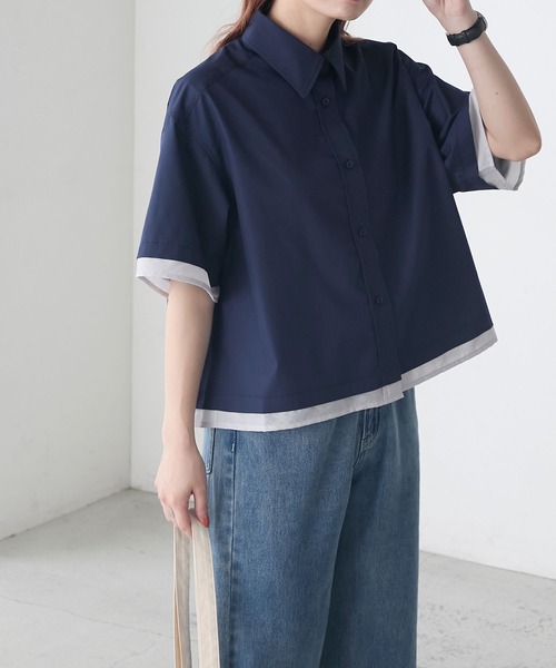BONLECILL(ボンルシール)の「シアー配色半袖クロップドレギュラーカラー半袖シャツ(シャツ/ブラウス・レディース・ブルー/オフホワイト/ピンク/ネイビー・FREE)」の17枚目の写真