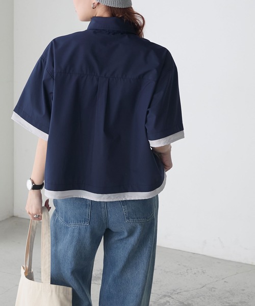 BONLECILL(ボンルシール)の「シアー配色半袖クロップドレギュラーカラー半袖シャツ(シャツ/ブラウス・レディース・ブルー/オフホワイト/ピンク/ネイビー・FREE)」の18枚目の写真
