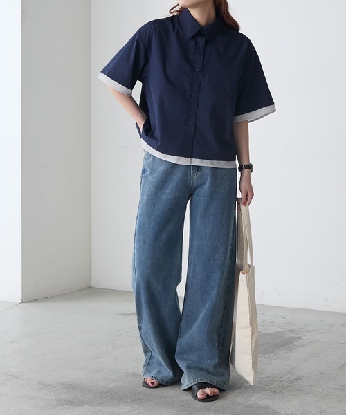 BONLECILL(ボンルシール)の「シアー配色半袖クロップドレギュラーカラー半袖シャツ(シャツ/ブラウス・レディース・ブルー/オフホワイト/ピンク/ネイビー・FREE)」の19枚目の写真