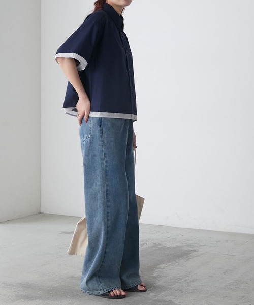 BONLECILL(ボンルシール)の「シアー配色半袖クロップドレギュラーカラー半袖シャツ(シャツ/ブラウス・レディース・ブルー/オフホワイト/ピンク/ネイビー・FREE)」の20枚目の写真