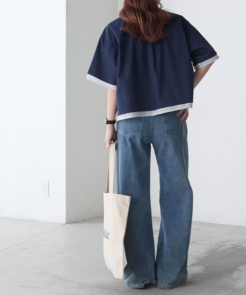 BONLECILL(ボンルシール)の「シアー配色半袖クロップドレギュラーカラー半袖シャツ(シャツ/ブラウス・レディース・ブルー/オフホワイト/ピンク/ネイビー・FREE)」の21枚目の写真