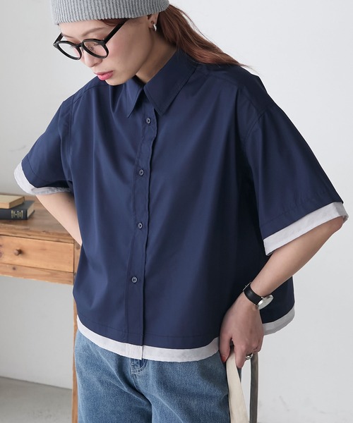 BONLECILL(ボンルシール)の「シアー配色半袖クロップドレギュラーカラー半袖シャツ(シャツ/ブラウス・レディース・ブルー/オフホワイト/ピンク/ネイビー・FREE)」の22枚目の写真