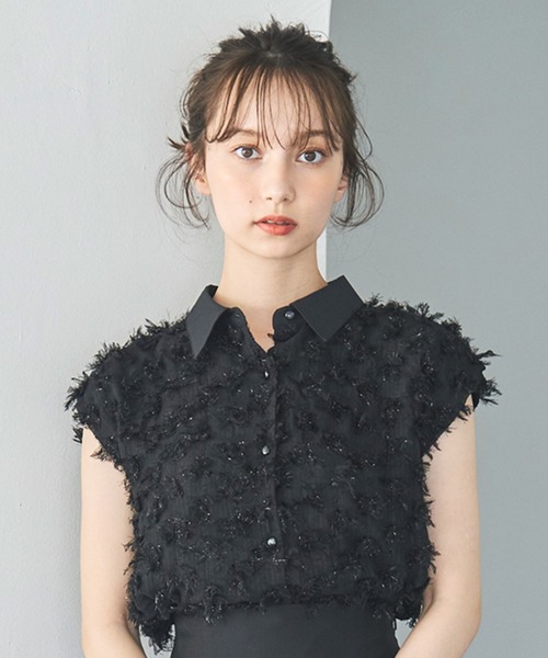 襟付きフリンジリボンチュールブラウス トランテアン セール】2025春夏新作 襟付きフリンジリボンチュールブラウス