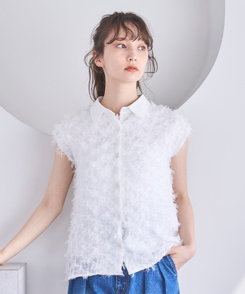 襟付きフリンジリボンチュールブラウス トランテアン セール】2025春夏新作 襟付きフリンジリボンチュールブラウス