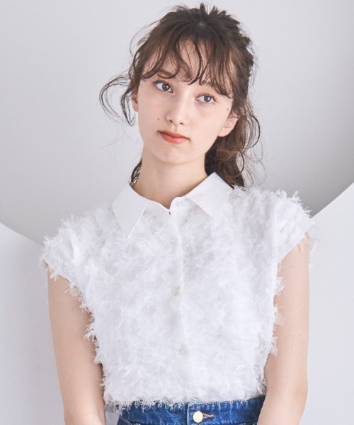 セール】2025春夏新作 襟付きフリンジリボンチュールブラウス