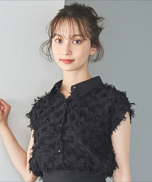 襟付きフリンジリボンチュールブラウス トランテアン セール】2025春夏新作 襟付きフリンジリボンチュールブラウス