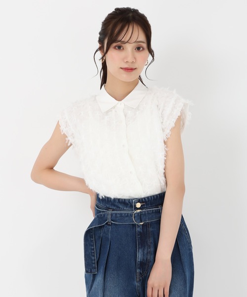 襟付きフリンジリボンチュールブラウス トランテアン セール】2025春夏新作 襟付きフリンジリボンチュールブラウス
