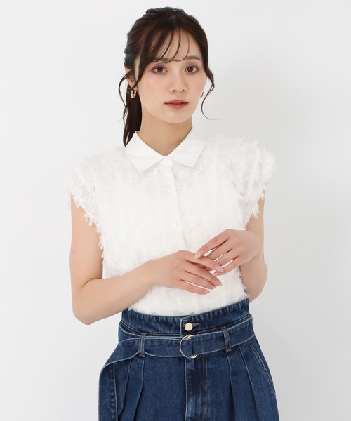 襟付きフリンジリボンチュールブラウス トランテアン セール】2025春夏新作 襟付きフリンジリボンチュールブラウス